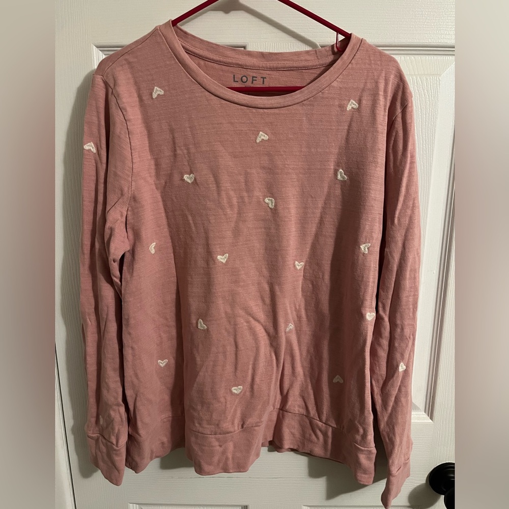 Loft Pink Valentine Top with Embroidered White Hearts